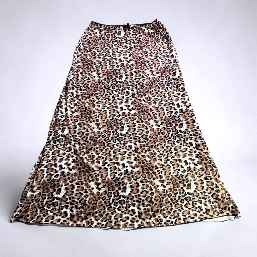 Leopard Print Maxi Skirt Brown Tan Animal Print Lace Trim Bow Detail Large